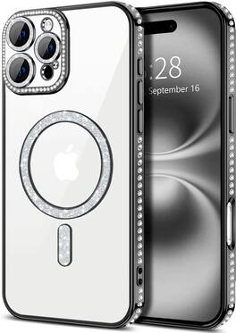 Entronix - Magnetic Case for iPhone 16 Pro - Luxury Clear Back with Diamonds - Black