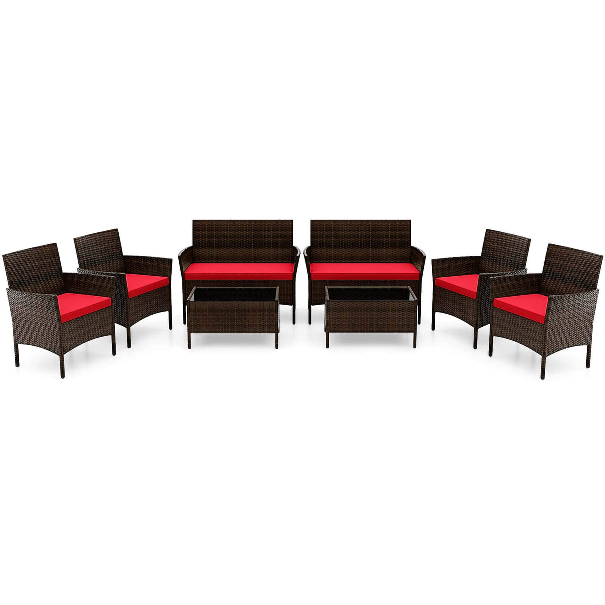 Front. Costway - 8 PCS Patio Furniture Set with Washable Cushions and Tempered Glass Coffee Table - Mix Brown,Red.