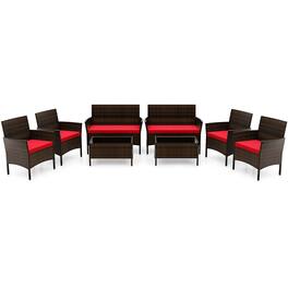Costway - 8 PCS Patio Furniture Set with Washable Cushions and Tempered Glass Coffee Table - Mix Brown,Red