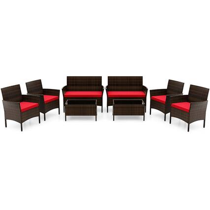 Front. Costway - 8 PCS Patio Furniture Set with Washable Cushions and Tempered Glass Coffee Table - Mix Brown,Red.