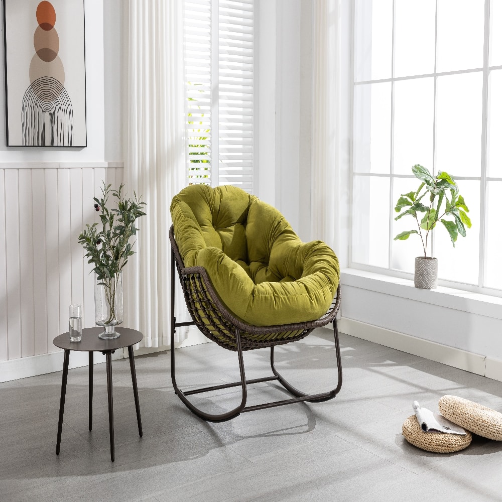 Loheer - Outdoor Rattan Rocking Chair Oversized Egg Chair with Padded Cushion - Olive Green