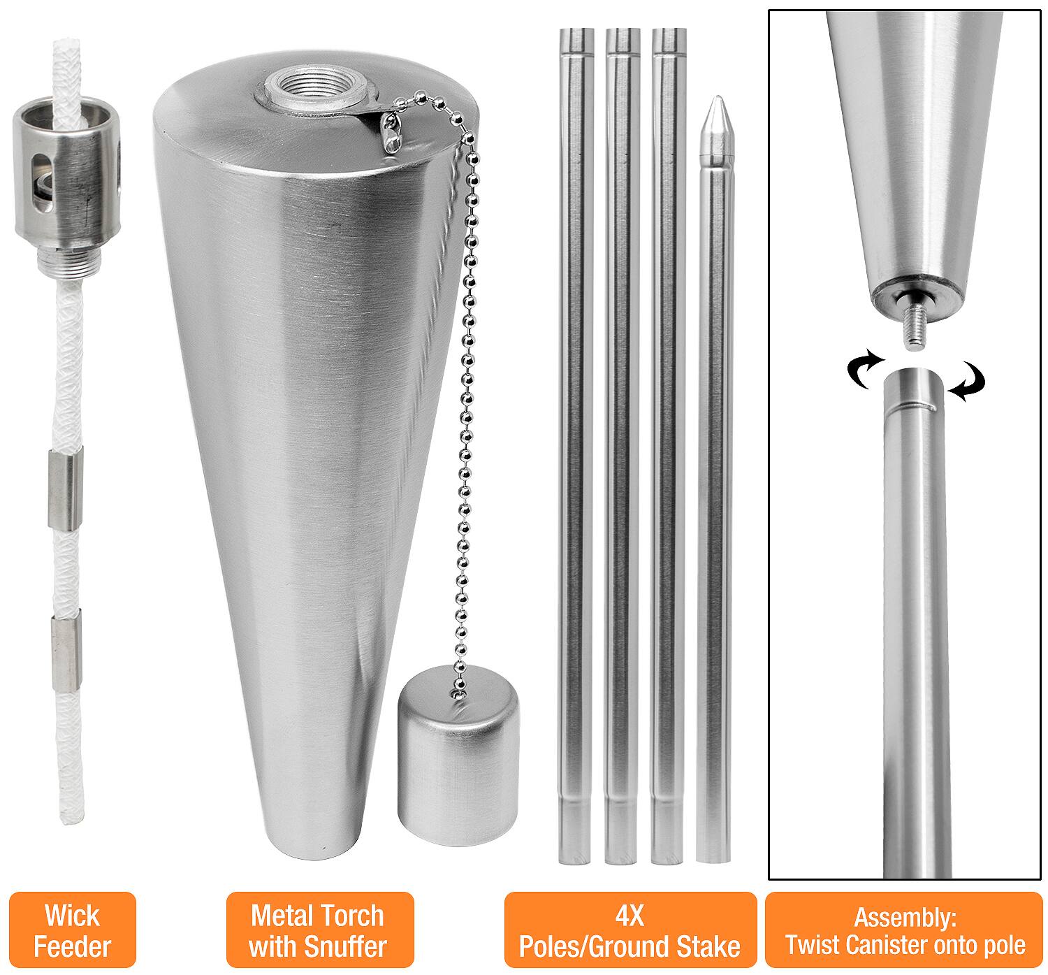 Wick Feeder  
Metal Torch with Snuffer  
4X Poles/Ground Stake  
Assembly: Twist Canister onto pole