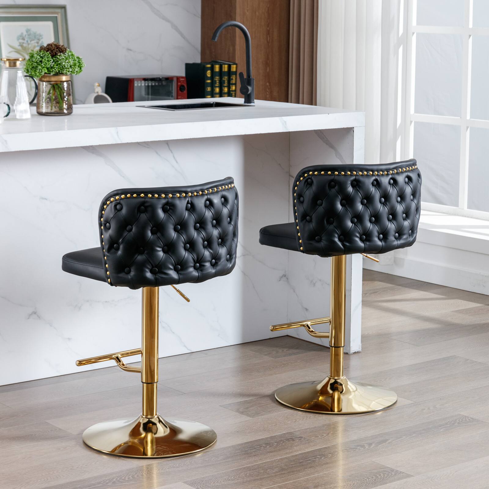 Angle. Trinkets Crazed - Swivel Barstools Set of 2, Adjusatble Seat Height with Gold-Plating Base, Classic PU Upholstered Bar Stools - Black.
