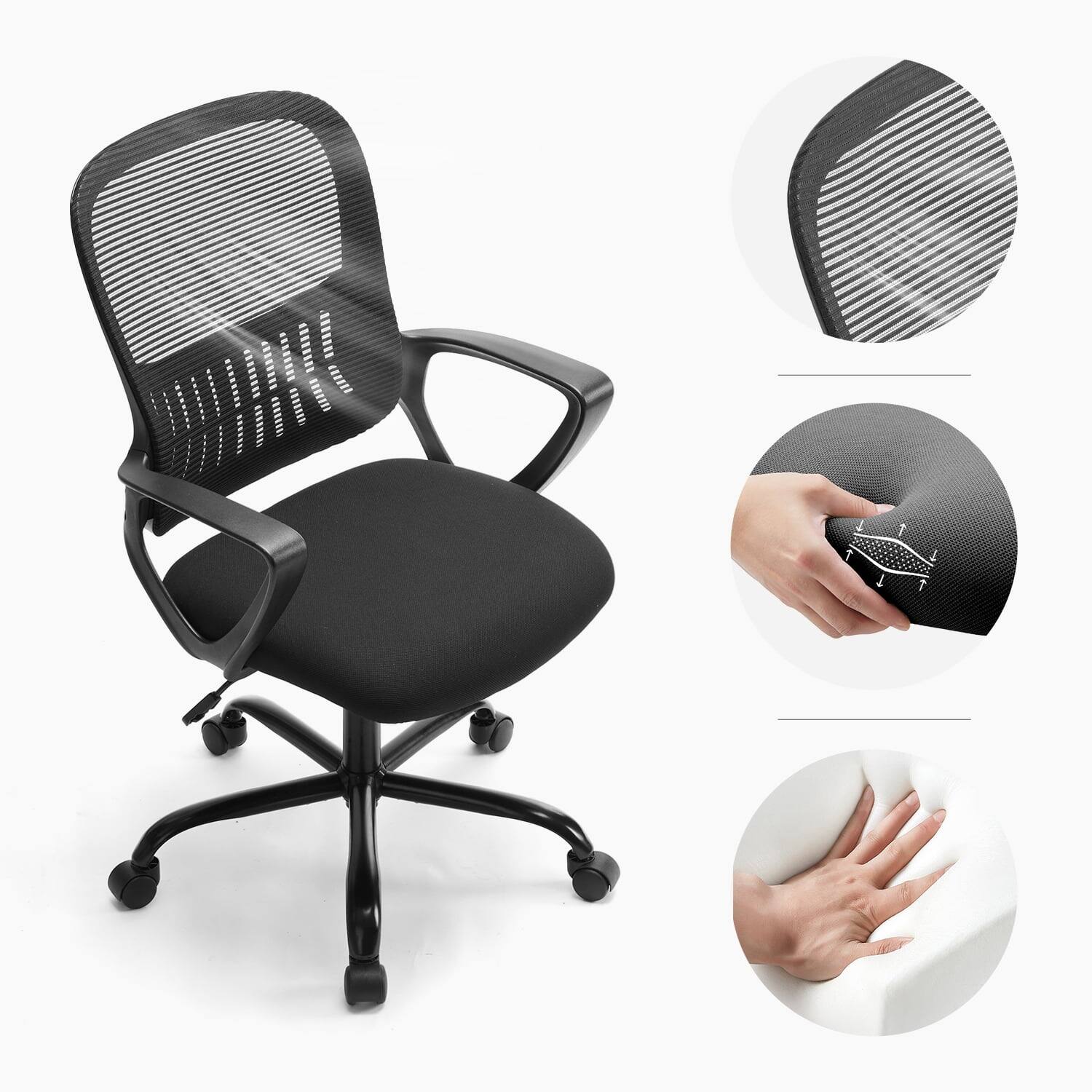 Left. AOITUN - Desk Computer Chair, Wheels Ergonomic Home Office Chair with Lumbar Support and Fixed Armrests, Black - Black.