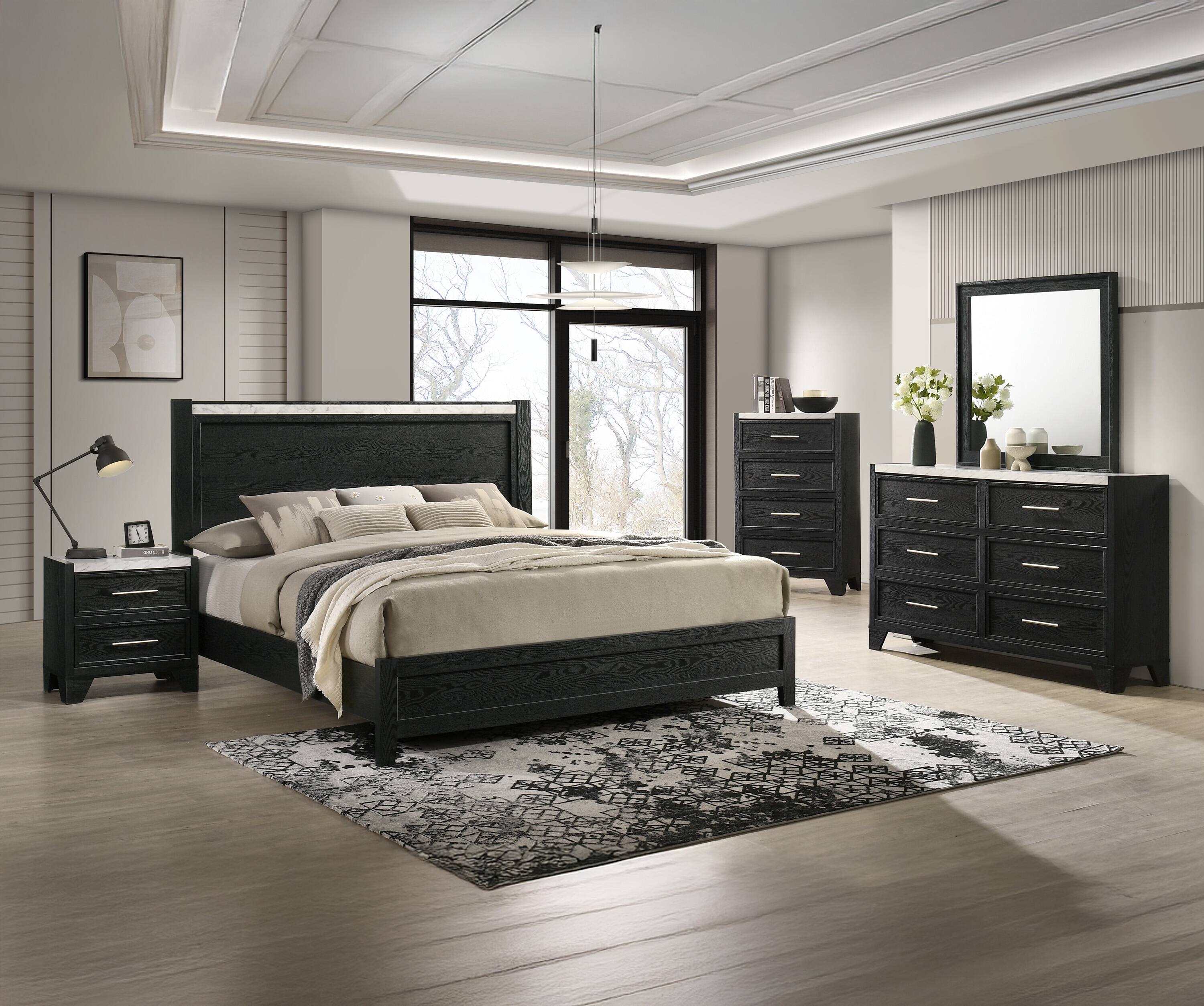 Alt View 1. TinyHomie - 1pc Contemporary Modern White Faux Marble Top 4 Drawers Tall Chest Black Finish Bedroom Furniture - Black and White.