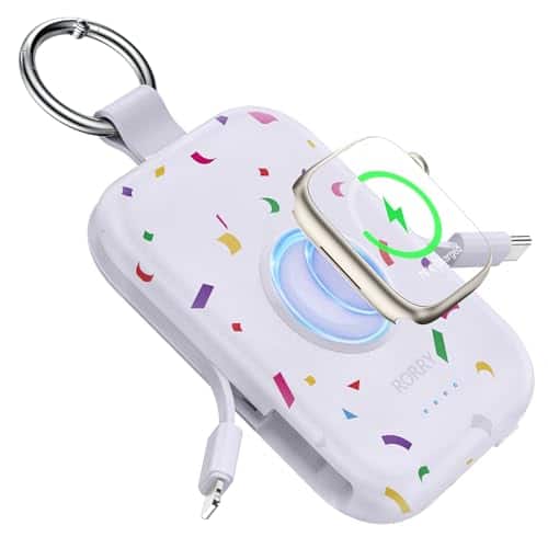 RORRY - CharmGo 5000mAh Portable Charger with Built-in Cables, Keychain Design, Compatible with Apple Watch and iPhone - Confetti-Purple