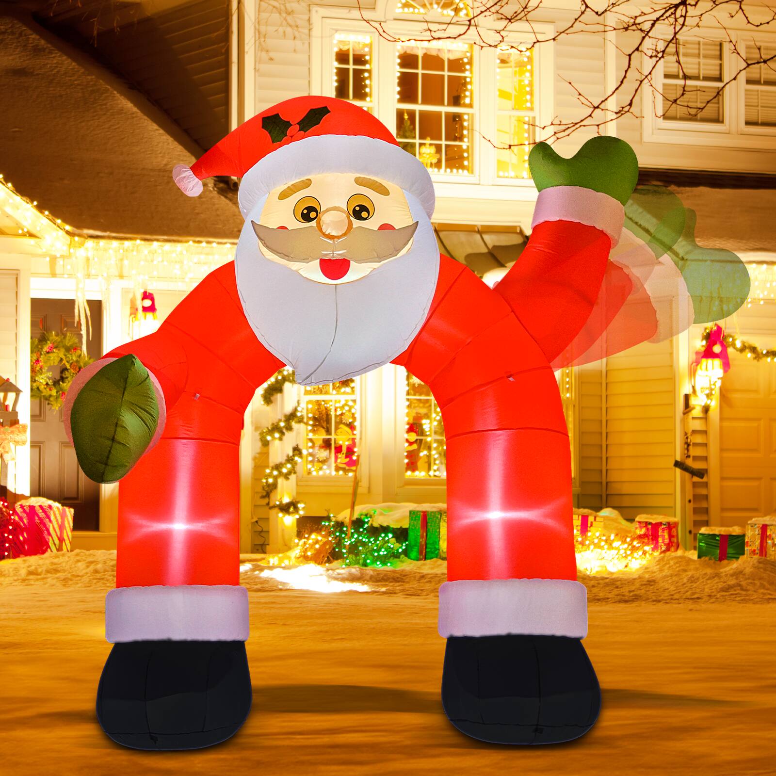 Left. GOOSH Inflatables - GOOSH 8FT Animated Dancing Santa Inflatable with Shaking Arms and LED Lights - Red.