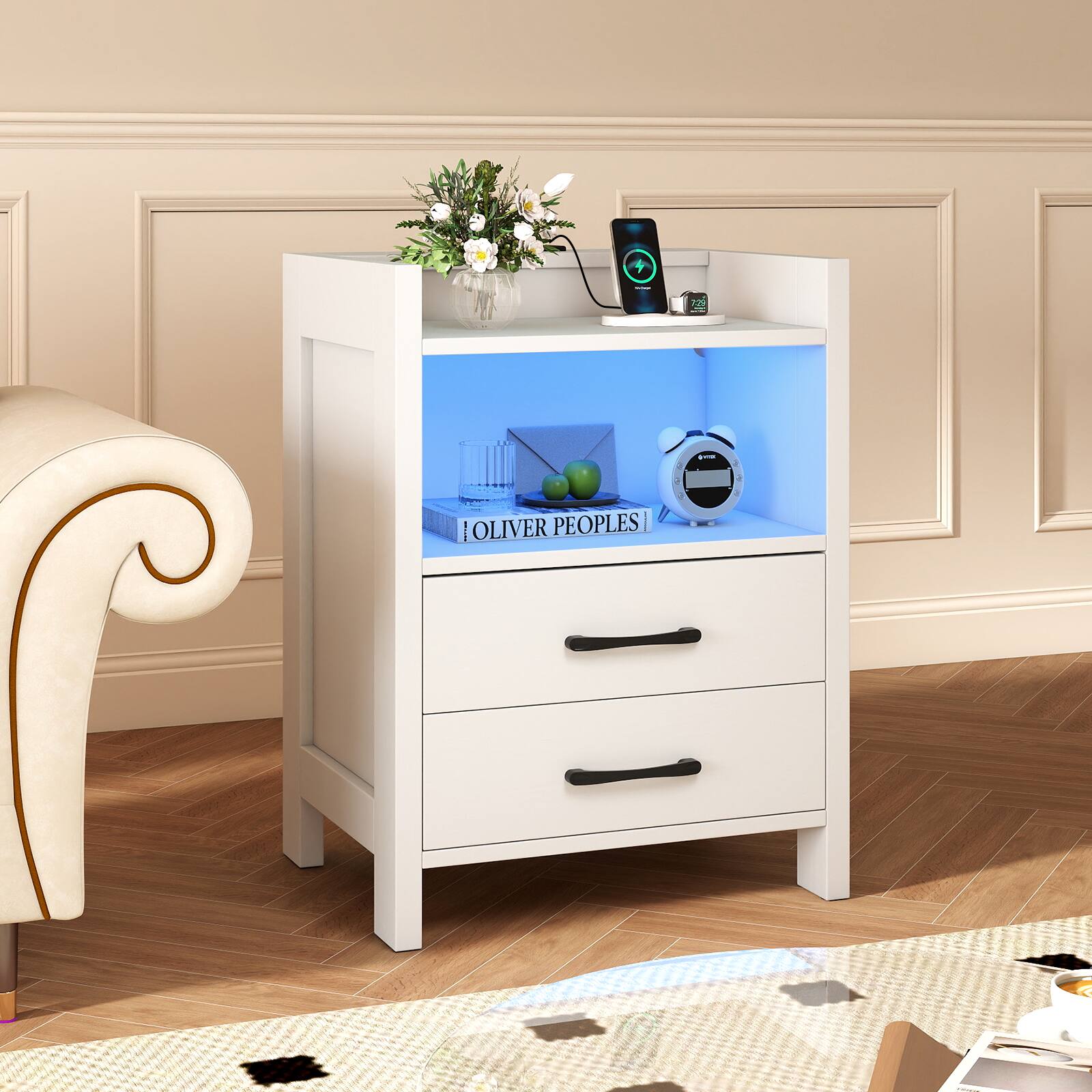 【希少】 HAKUHO FURNITURE（白鳳家具） ナイトテーブル　電話台 Gymax Nightstand w/ LED Lights & Charging Station 23.5'' Smart