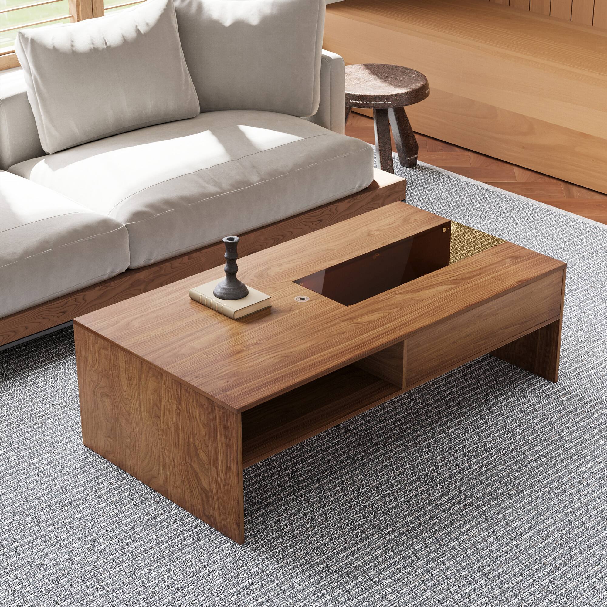 Angle. luck idea - 51.1" Rectangular Coffee Table with LED Ambient Lights and Two Dust-Proof Storage Compartments - Walnut Color.