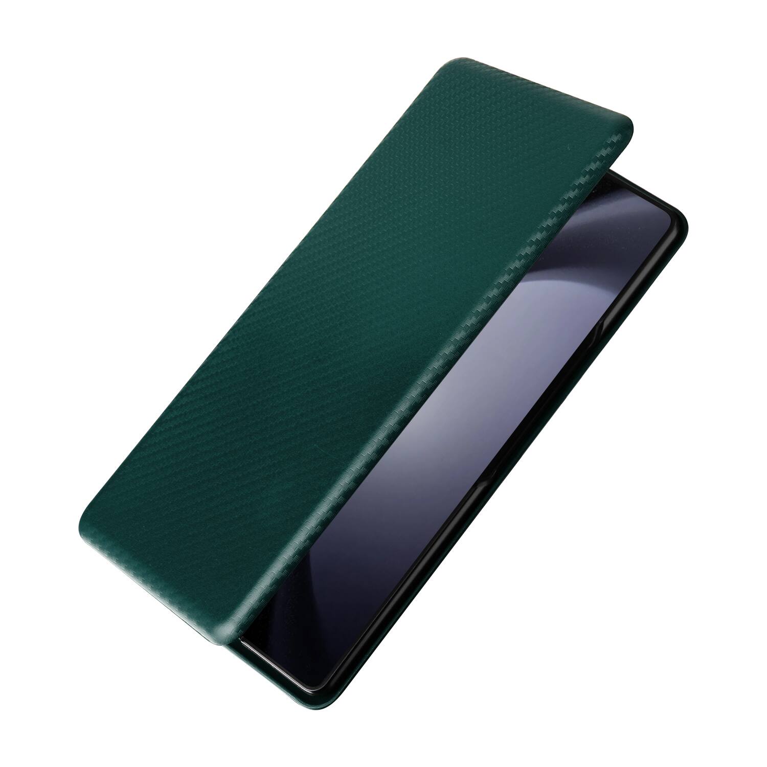 Back. Dteck - Carbon Fiber Texture Folio Phone Case for Samsung Galaxy Z Fold6,PU Leather Magnetic Closure Hidden Card Slot Flip Cover - Green.