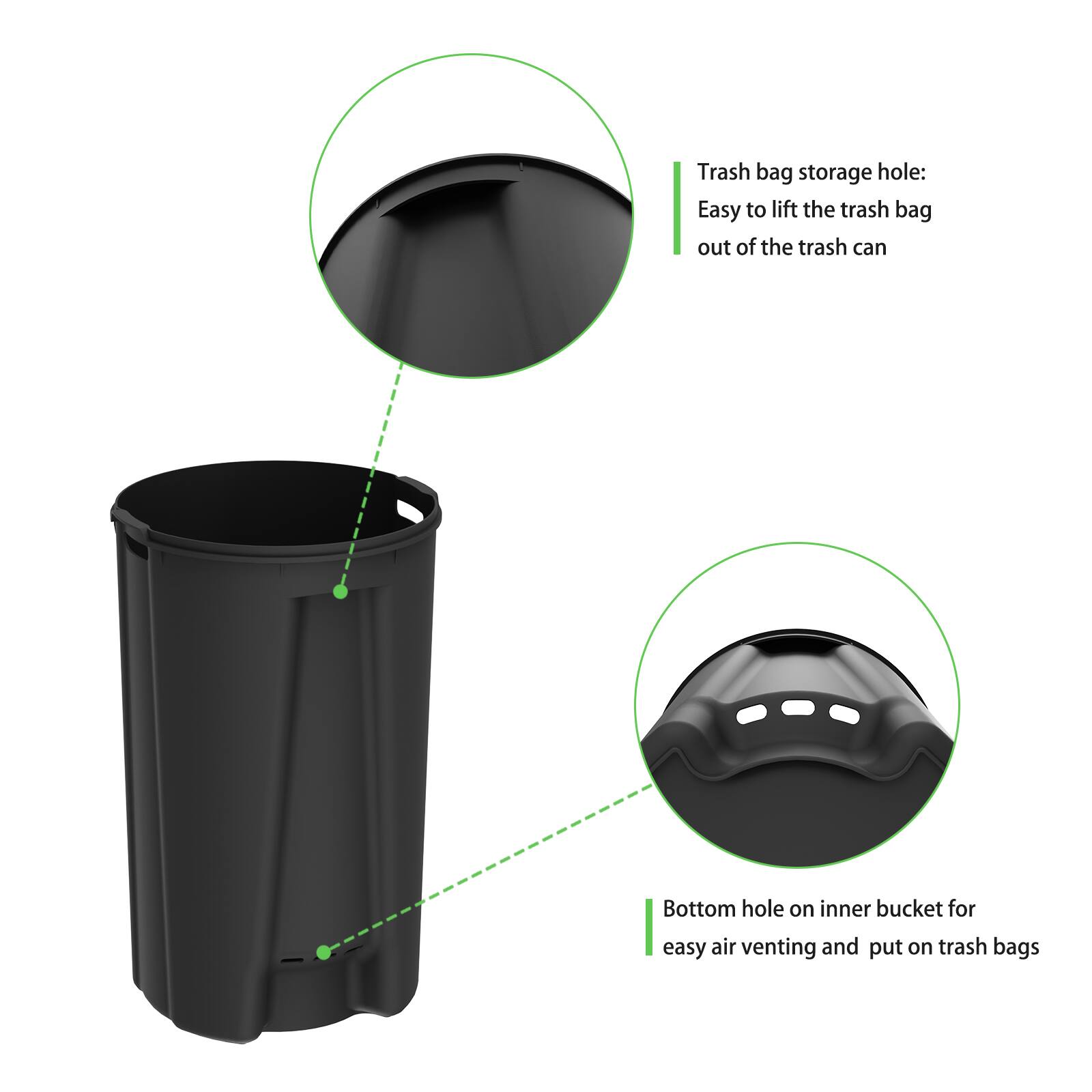 Trash bag storage hole:  
Easy to lift the trash bag out of the trash can  

Bottom hole on inner bucket for easy air venting and put on trash bags