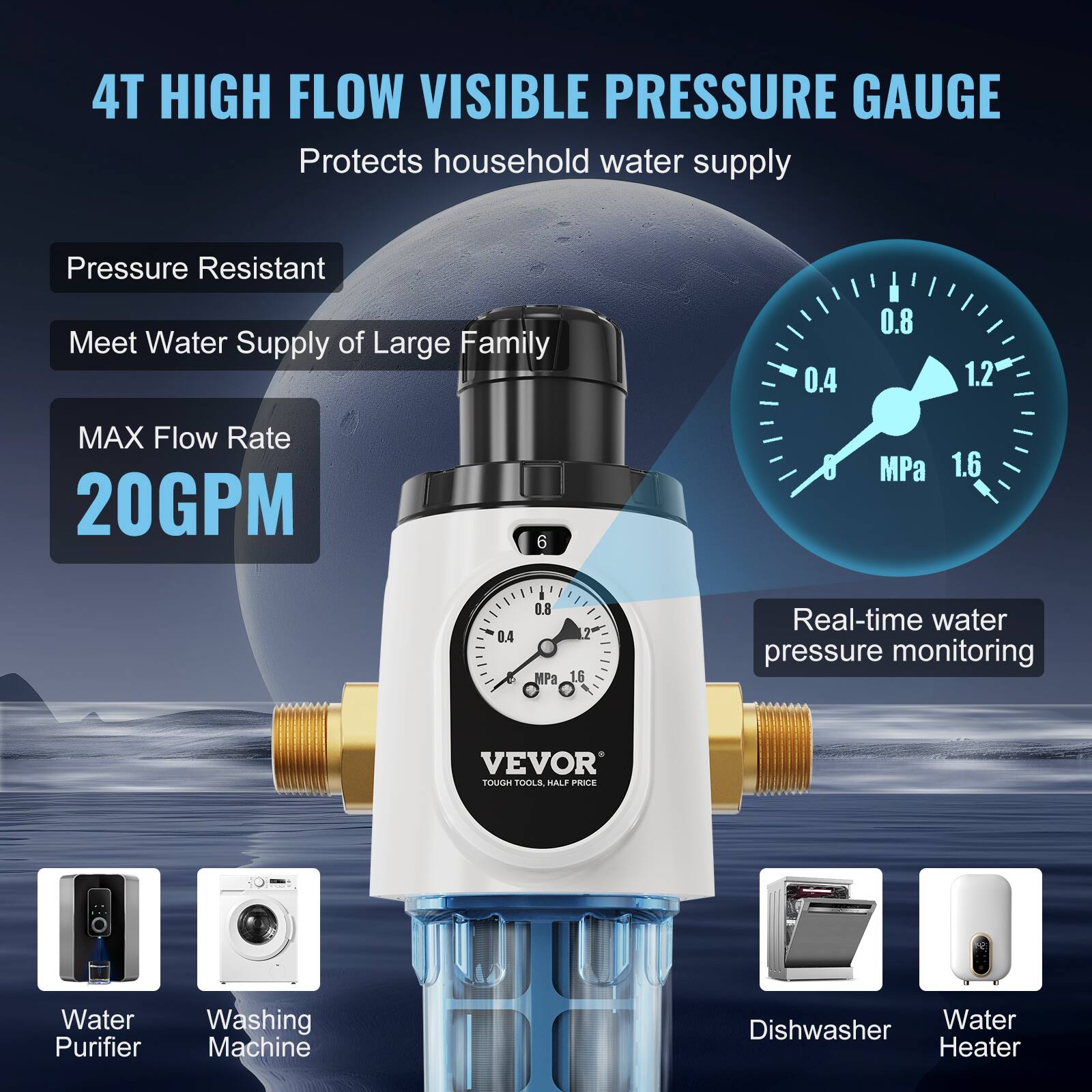 4T HIGH FLOW VISIBLE PRESSURE GAUGE  
Protects household water supply  

Pressure Resistant  
Meet Water Supply of Large Family  

MAX Flow Rate  
20GPM  

Real-time water pressure monitoring  

VEVOR  
TOUGH TOOLS, HALF PRICE  

Water Purifier  
Washing Machine  
Dishwasher  
Water Heater  

0.4 0.8 1.2 1.6 MPa  
0.4 0.8 1.2 1.6 MPa