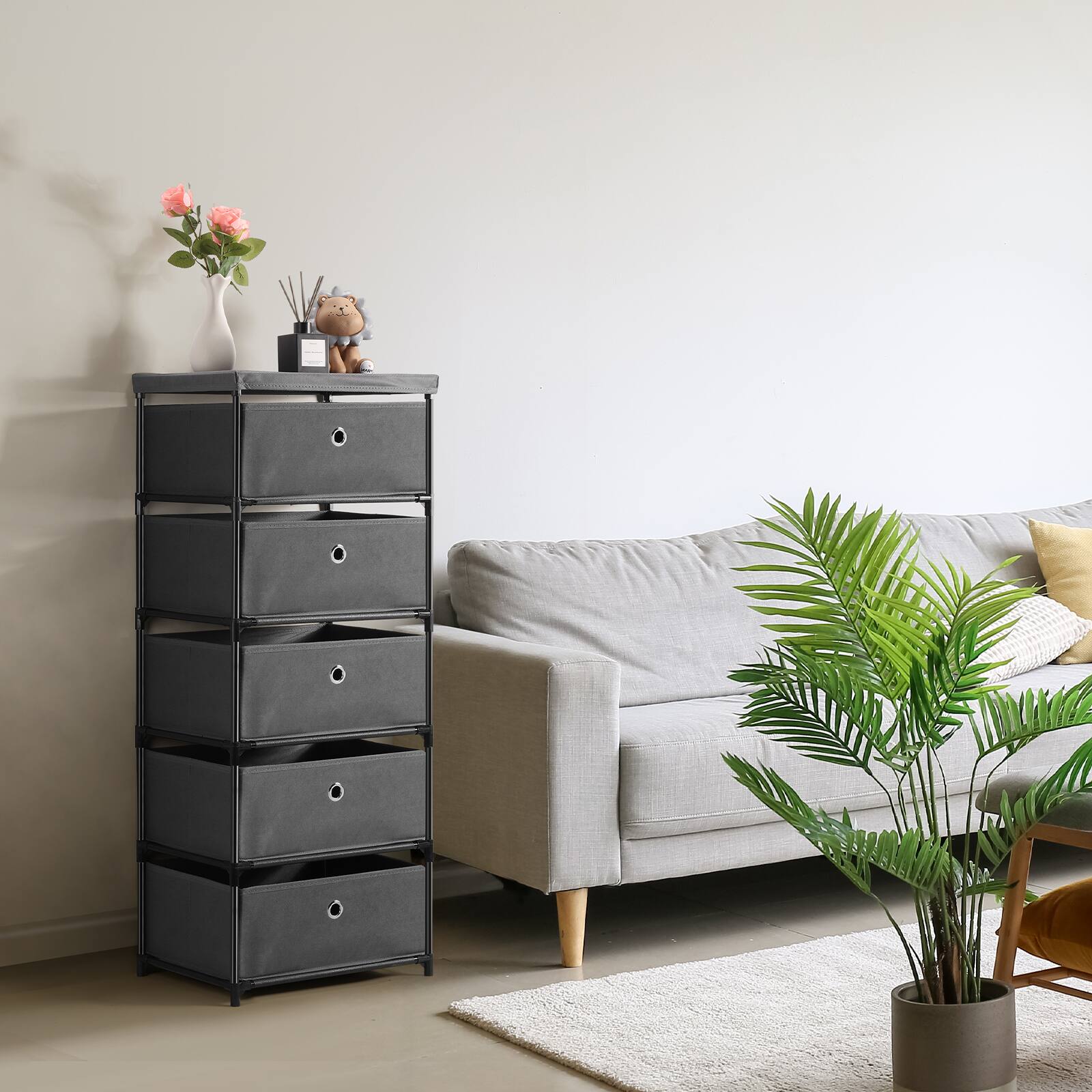 Alt View 1. Oumilen - Tall 5-Drawer Fabric Storage Tower, Dark Gray with Wood Top - Dark Gray.