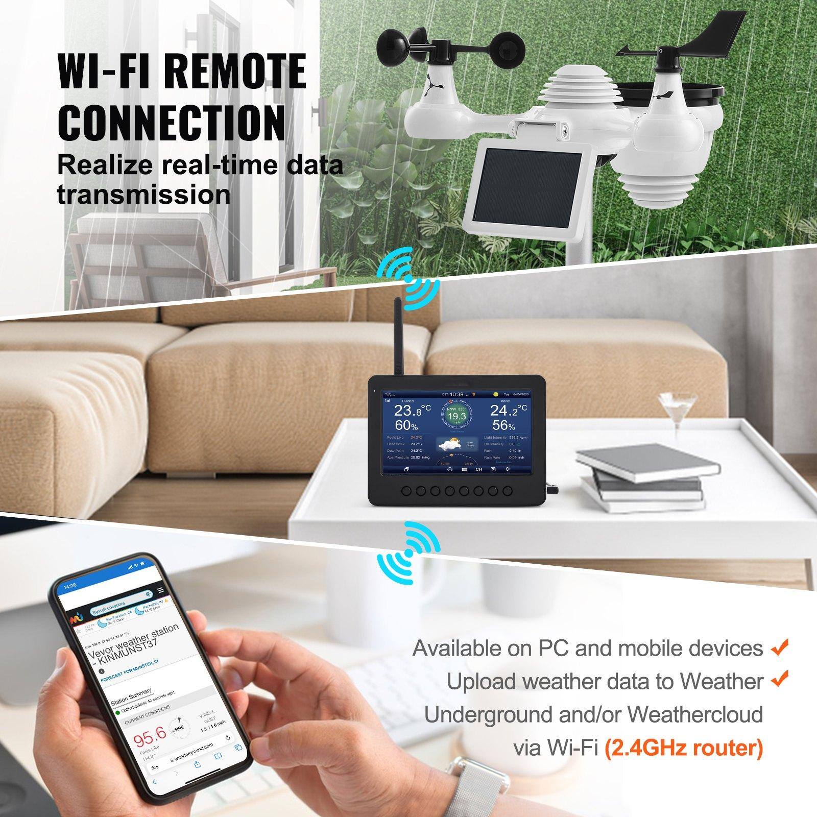 **WI-FI REMOTE CONNECTION**  
Realize real-time data transmission

---

**Available on PC and mobile devices**  
Upload weather data to Weather Underground and/or Weathercloud via Wi-Fi (2.4GHz router)

---

**Weather Station Details**  
- Temperature: 23.8°C, 19.3°C, 24.2°C  
- Humidity: 60%, 56%  
- Wind Speed: 5 station weather  
- Model: Vevor RINMUNST37  
- Manufacturer: KINMU  
- Summary: CONSTEN  
- Available on PC and mobile devices  
- Upload weather data to Weather Underground and/or Weathercloud via Wi-Fi (2.4GHz router)