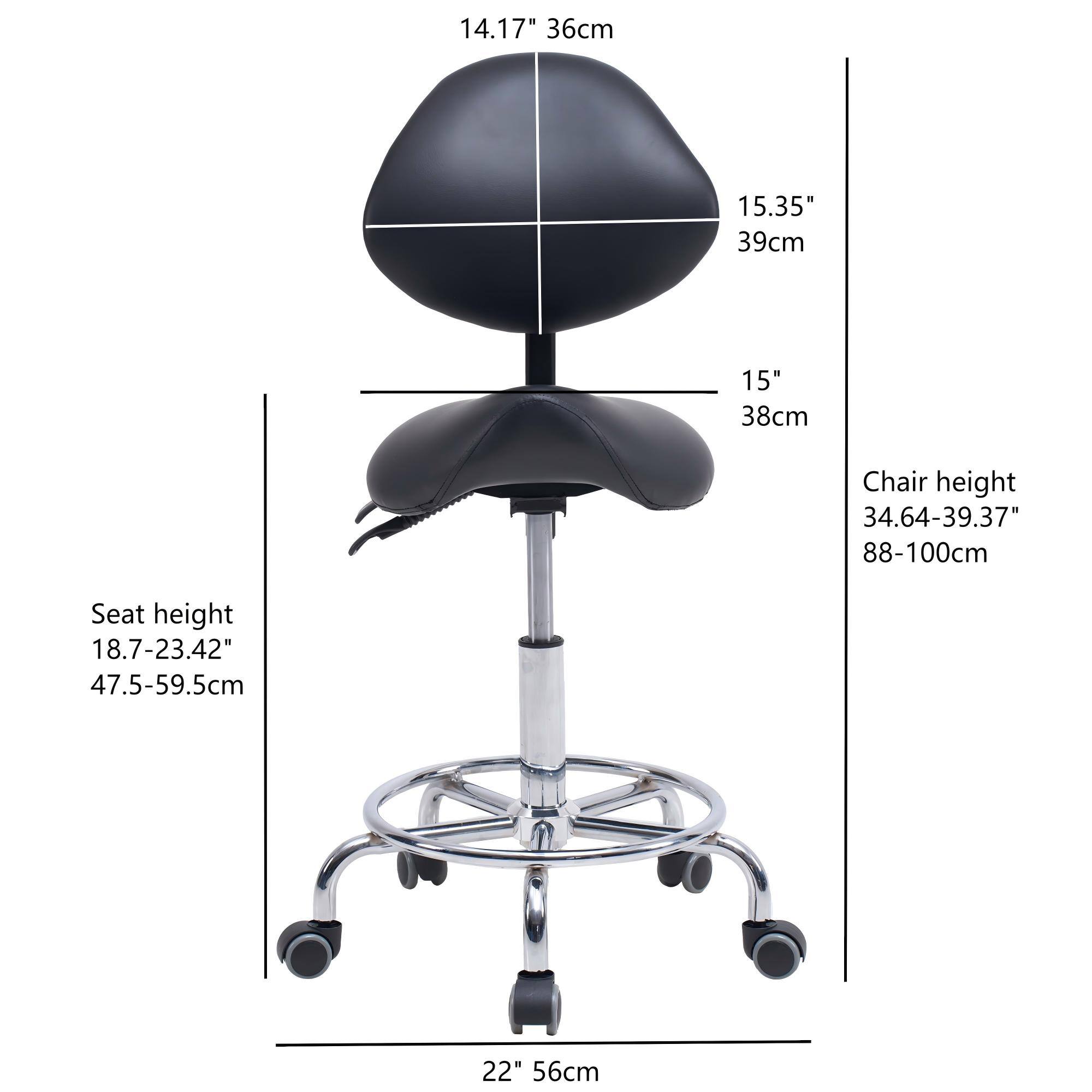 14.17" 36cm  
15.35" 39cm  
15" 38cm  

Chair height: 34.64-39.37" 88-100cm  
Seat height: 18.7-23.42" 47.5-59.5cm  

22" 56cm