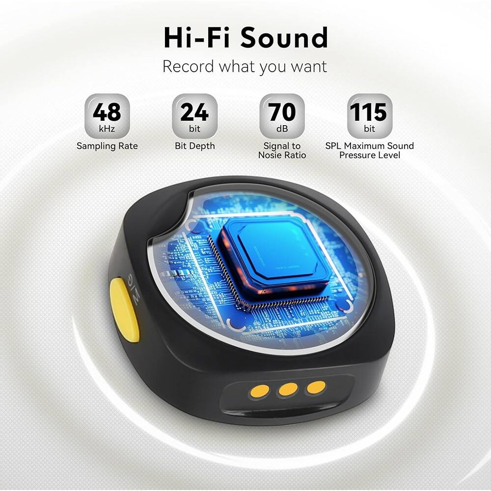 Hi-Fi Sound  
Record what you want  

- 48 kHz  
  Sampling Rate  

- 24 bit  
  Bit Depth  

- 70 dB  
  Signal to Noise Ratio  

- 115 bit  
  SPL, Maximum Sound Pressure Level