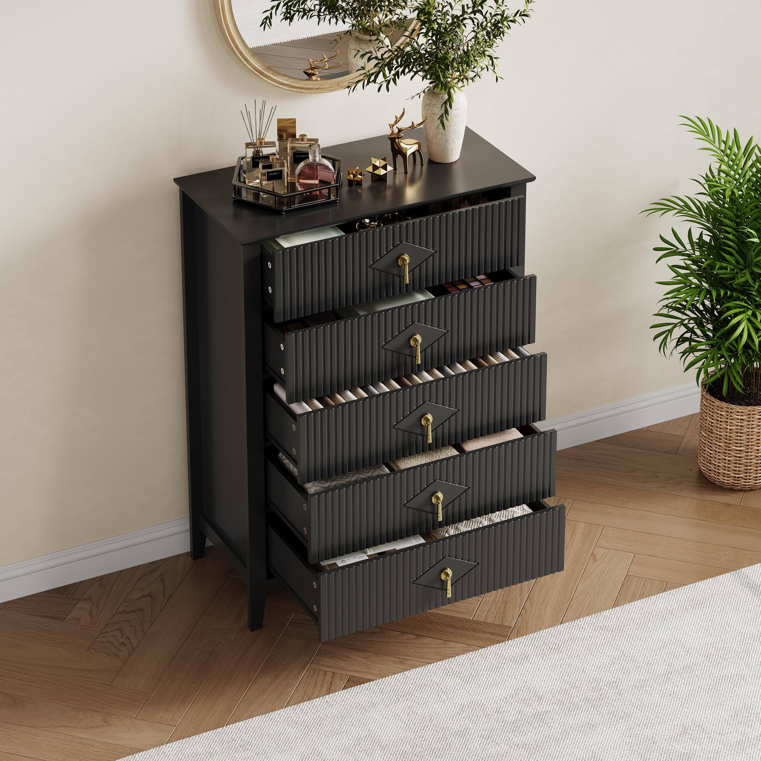 Alt View 5. Babevy - Fluted 5-Drawer Dresser, 42.9" Tall Modern Wooden Chest with Gold Handles for Bedroom or Living Room - Black.