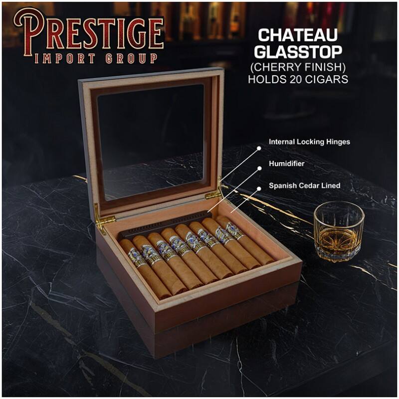PRESTIGE IMPORT GROUP

CHATEAU GLASSTOP (CHERRY FINISH) HOLDS 20 CIGARS

- Internal Locking Hinges
- Humidifier
- Spanish Cedar Lined