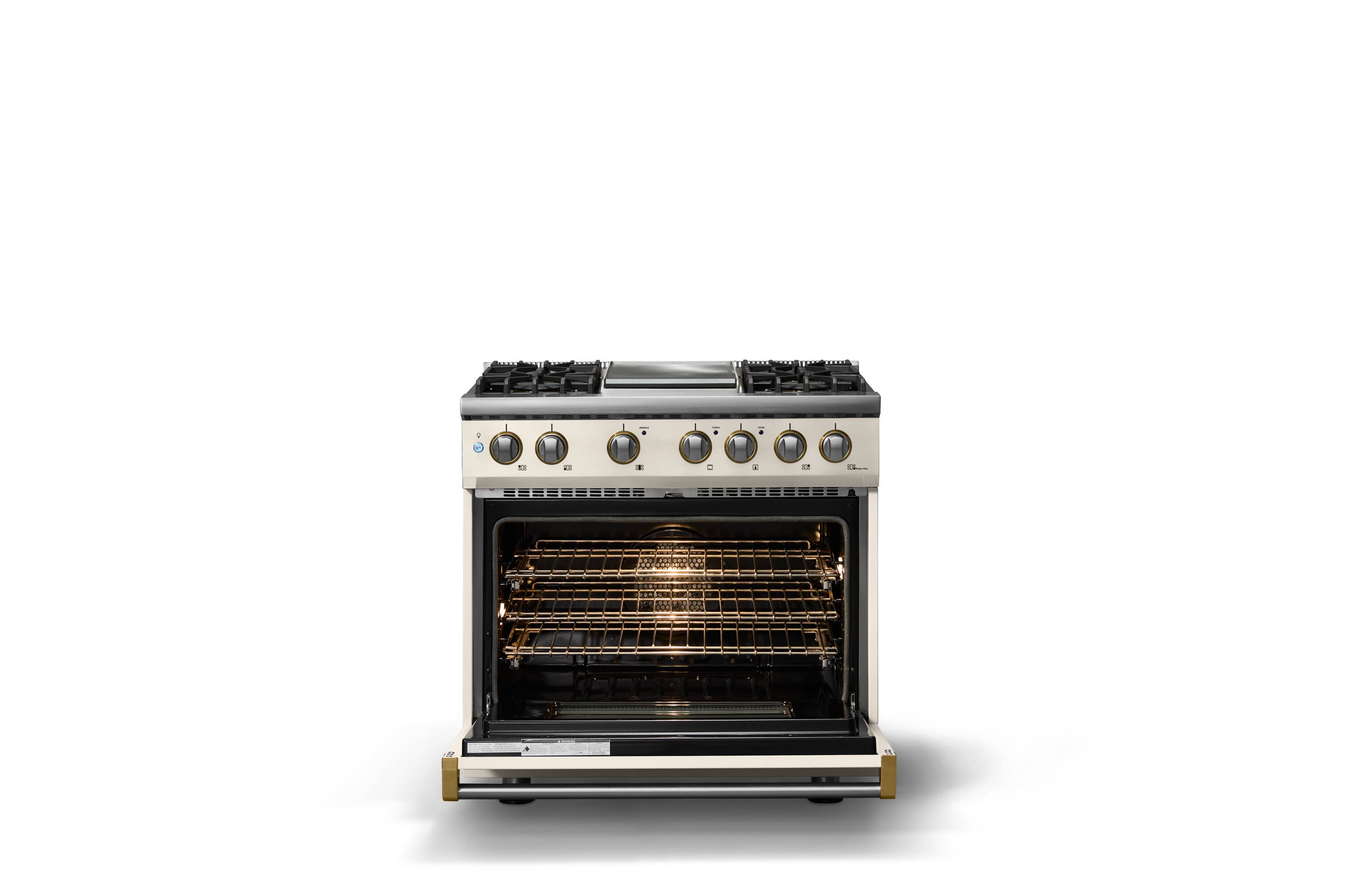 Alt View 2. Viking - 36"W. Pro5S 5.6 Cu. Ft. Freestanding Self-Clean Sealed 4B Dual Fuel Convection Range/Grdl-Pure White/Brushed Brass - Pure White.
