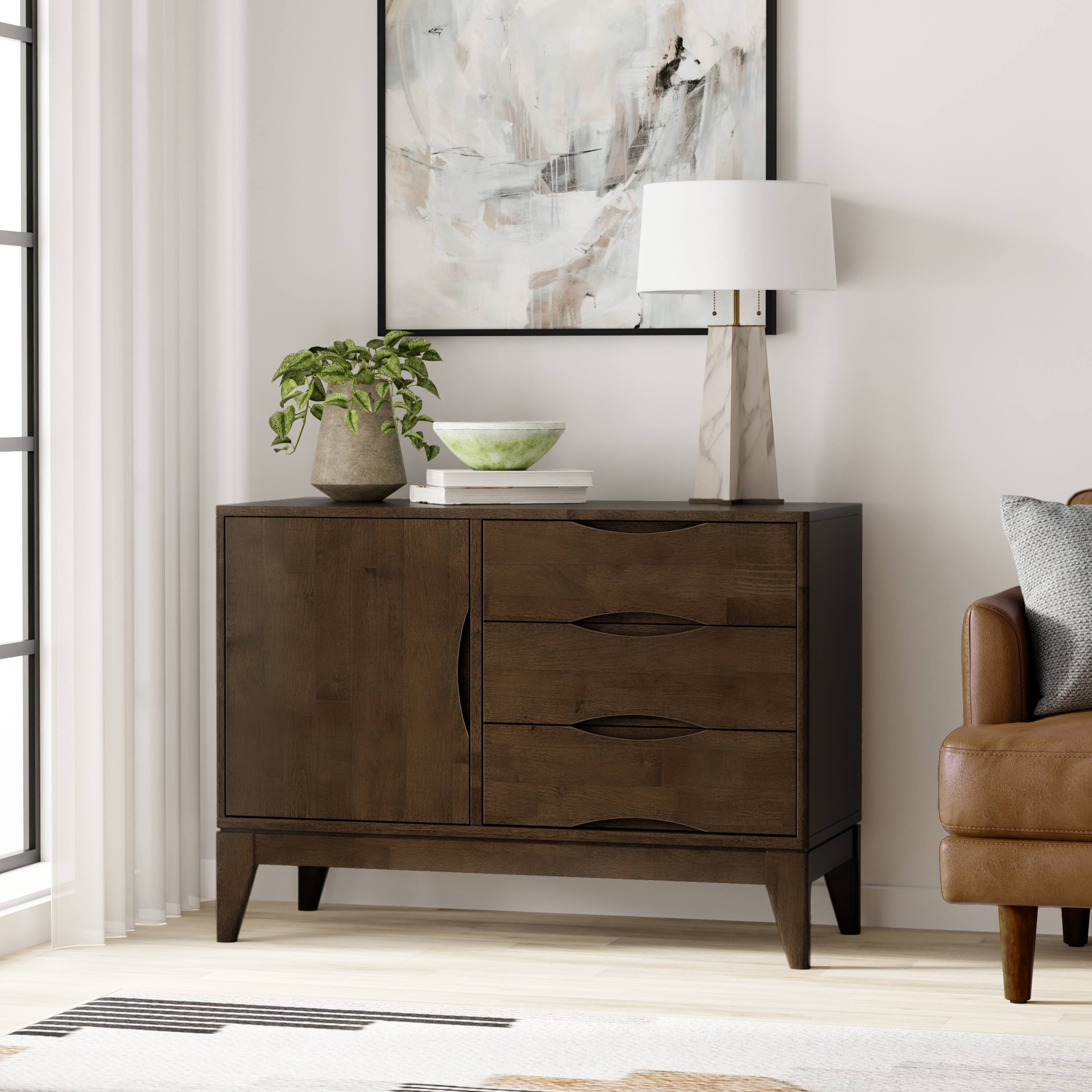 Front. Simpli Home - Harper 3 Drawer Sideboard - Walnut Brown.