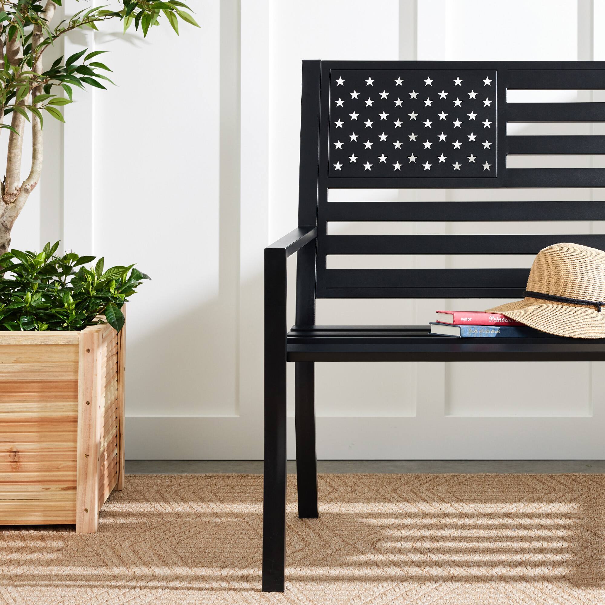 Alt View 2. Best Choice Products - Best Choice Products Indoor Outdoor Steel Garden Bench w/ American Flag Backrest, 790lb Capacity - Black - Black.