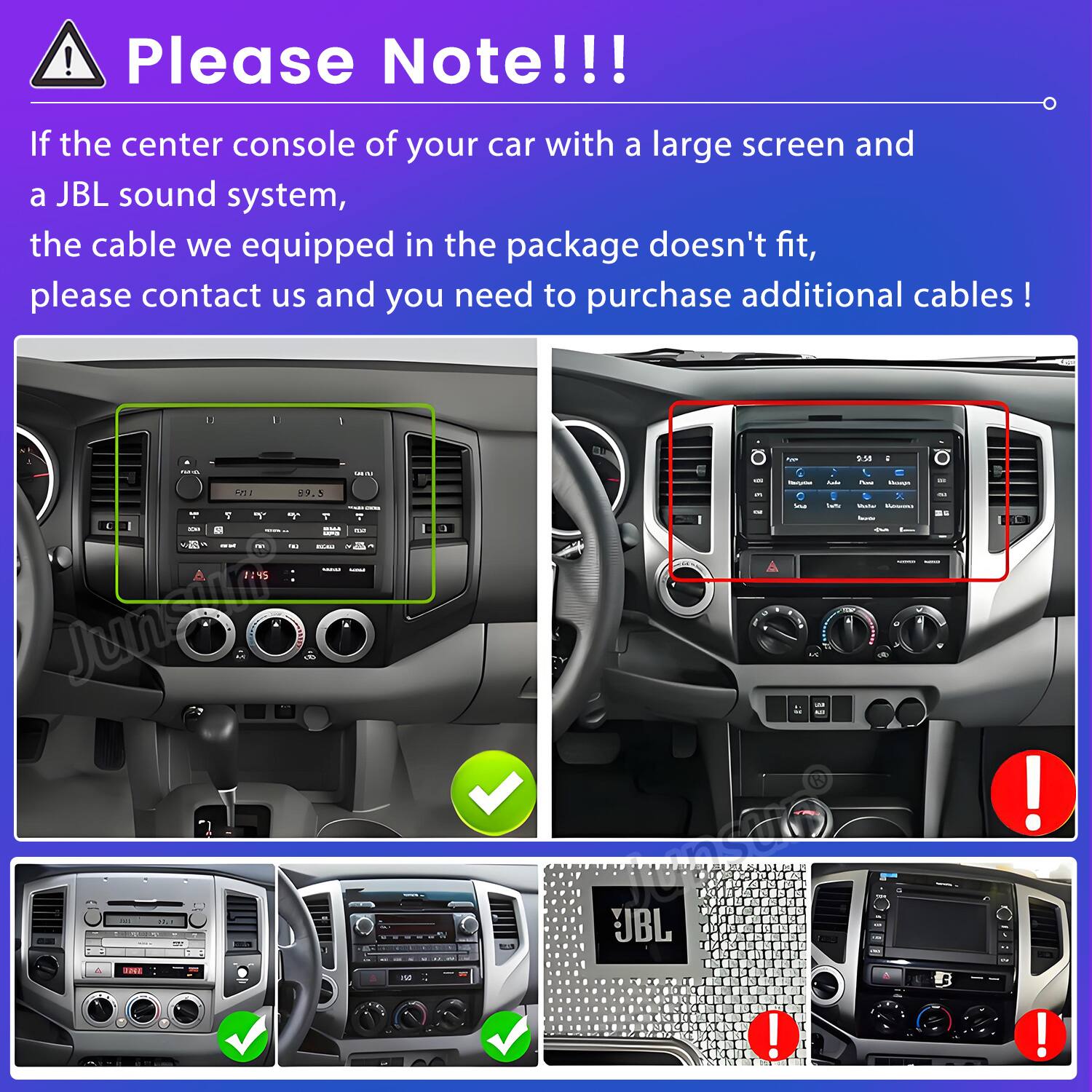 Please Note!!!

If the center console of your car with a large screen and a JBL sound system, the cable we equipped in the package doesn't fit, please contact us and you need to purchase additional cables!
