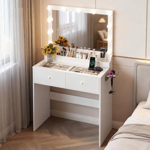 Winado - All-in-One Vanity Desk Glass Visual Desktop with Mirror & 3 Colors Lights & USB Ports Dressing Table - White price history on PriceWatchPro