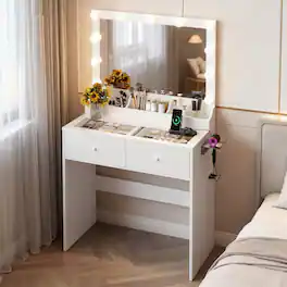 Winado - All-in-One Vanity Desk Glass Visual Desktop with Mirror & 3 Colors Lights & USB Ports Dressing Table - White