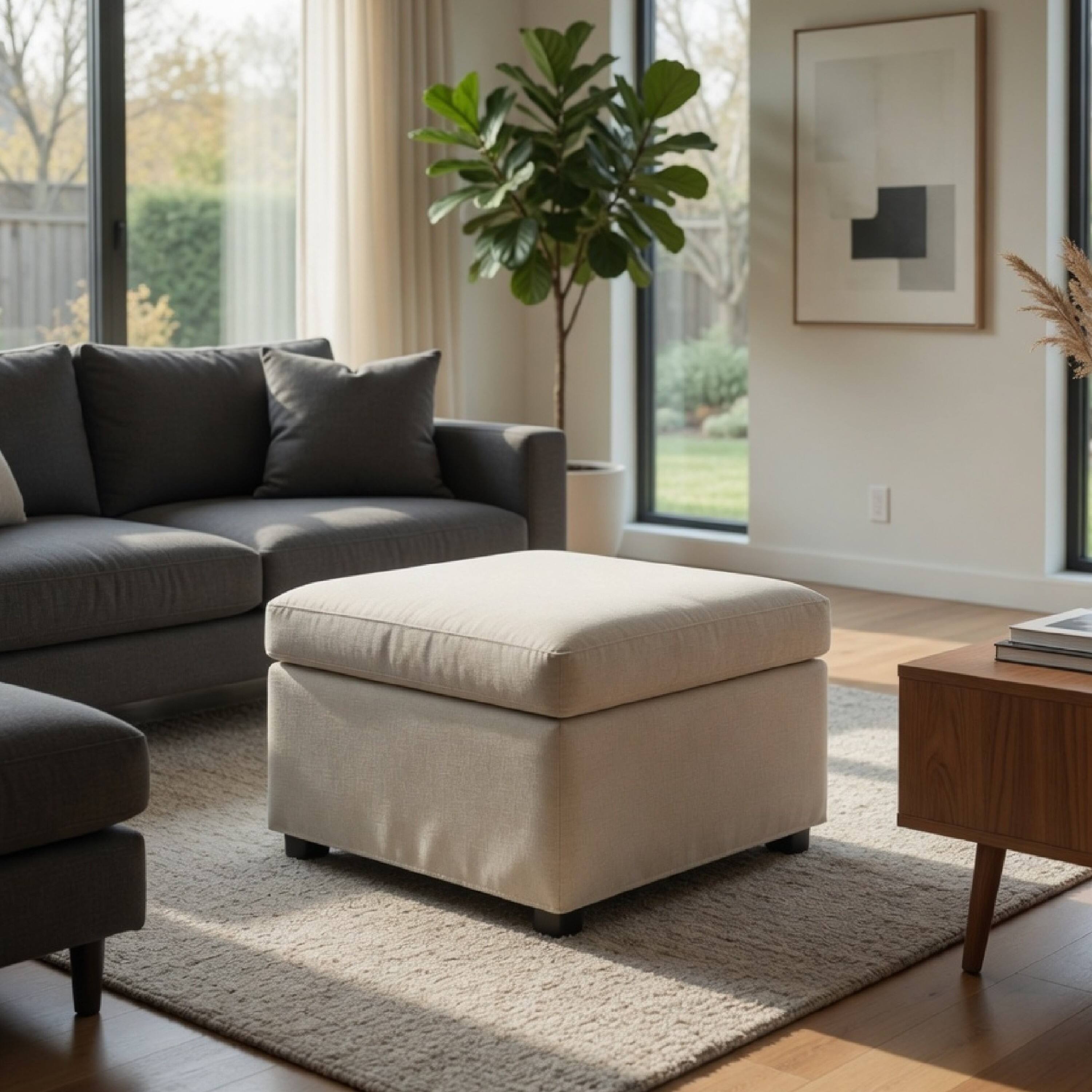 Alt View 7. Manhattan Lane - Jira Modern Storage Ottoman, Black Feet, Beige Upholstery, 24 Inch - Beige, Black.
