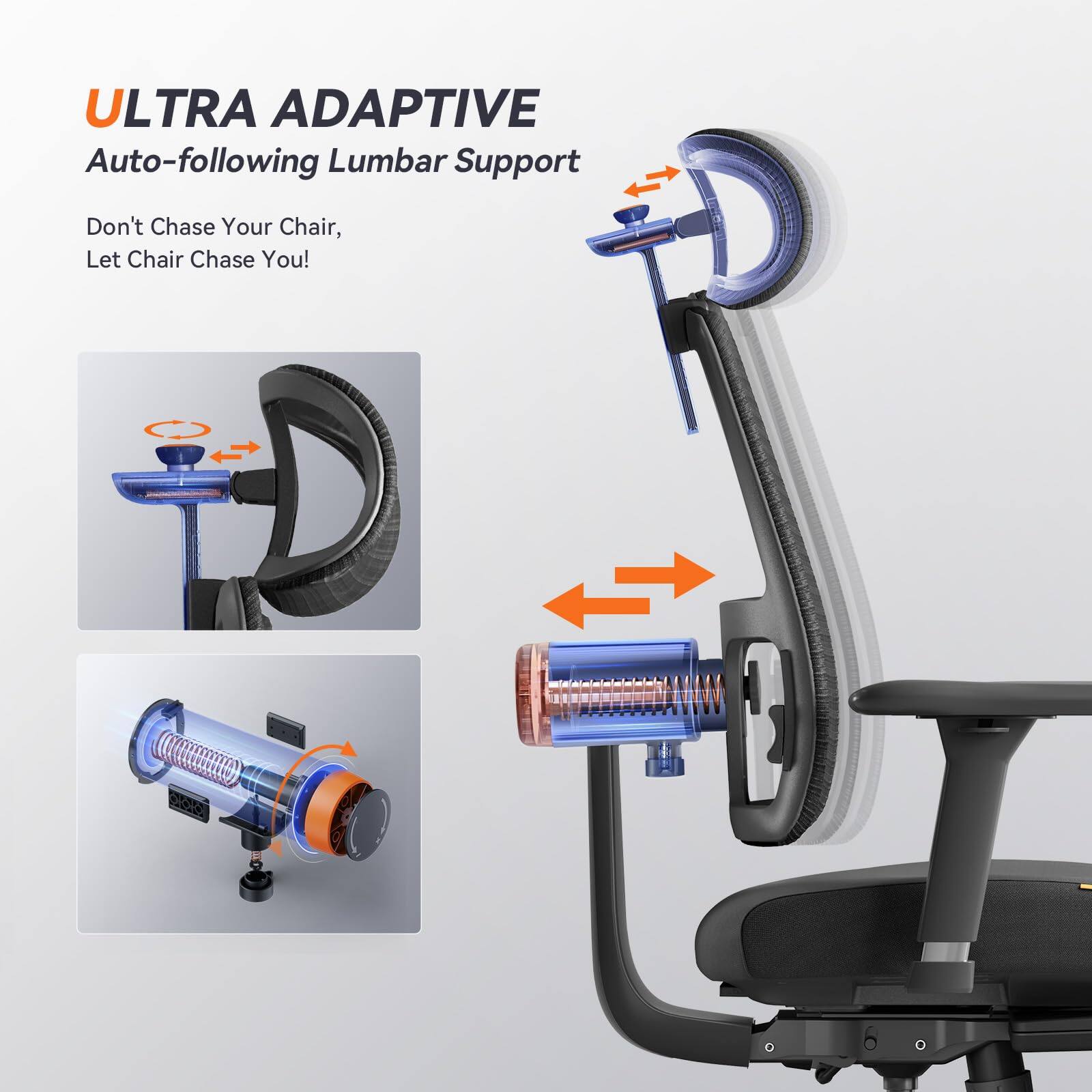 ULTRA ADAPTIVE  
Auto-following Lumbar Support  

Don't Chase Your Chair,  
Let Chair Chase You!