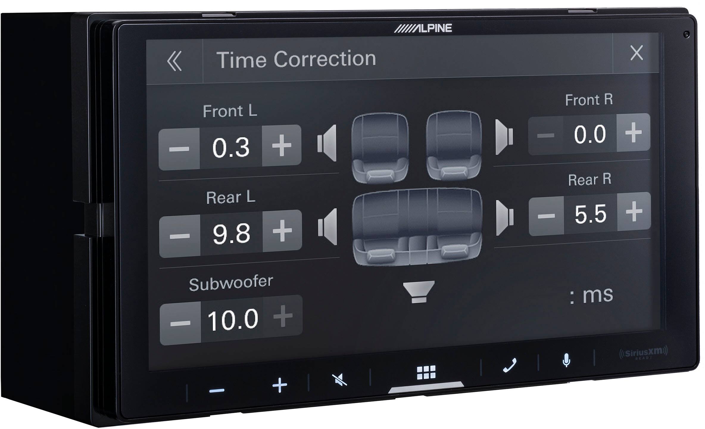 Time Correction  
Front L: 0.3  
Rear L: 9.8  
Front R: 0.0  
Rear R: 5.5  
Subwoofer: 10.0  
: ms  
(Siriusxm) READY