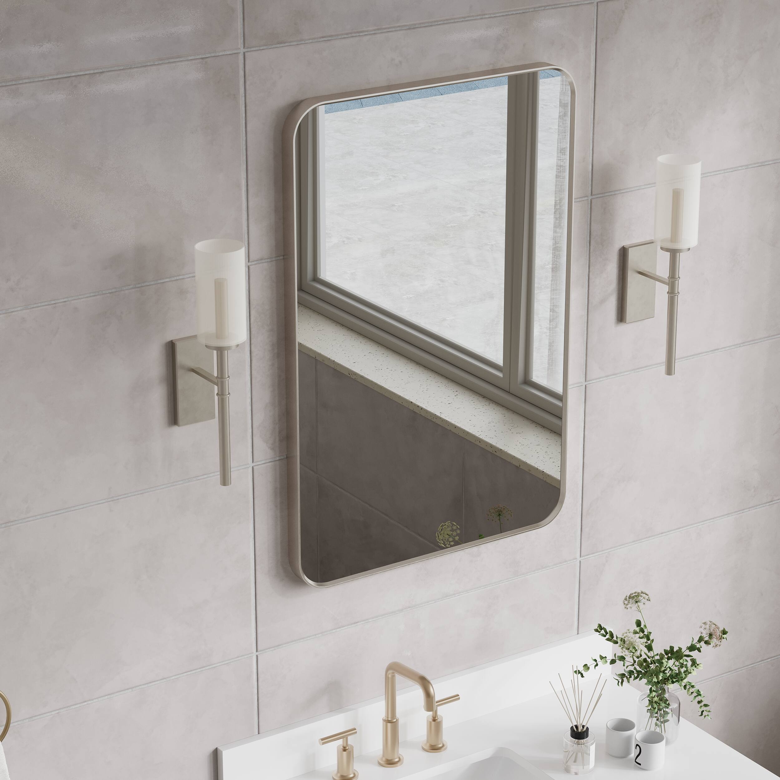 Left. WELLFOR - 24 in. W x 36 in. H Rectangular Aluminum Framed Wall-Mounted Bathroom Vanity Mirror - Brushed Nickel.