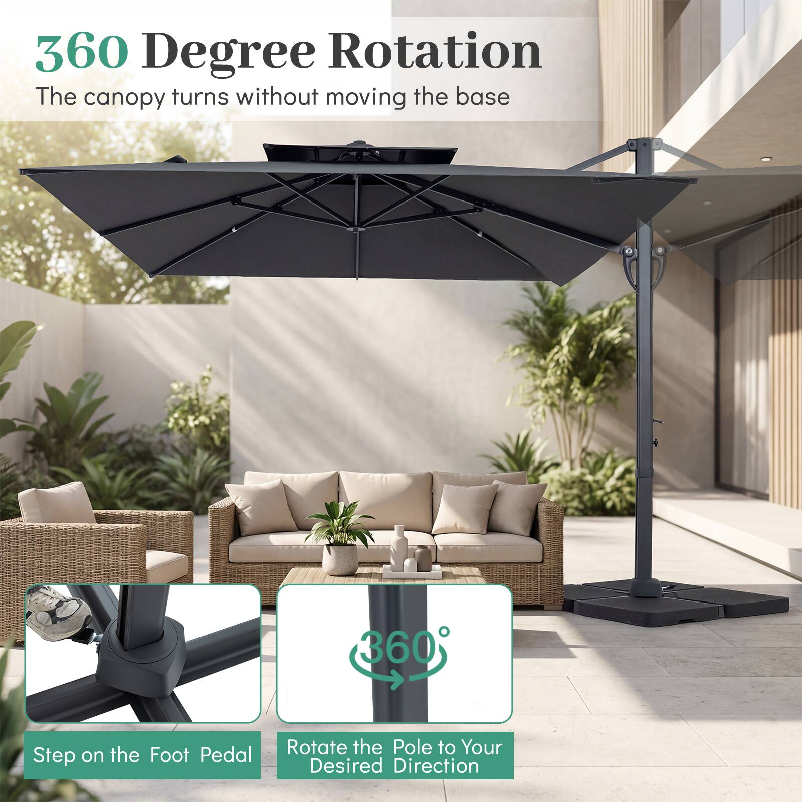 360 Degree Rotation  
The canopy turns without moving the base  

Step on the Foot Pedal  
Rotate the Pole to Your Desired Direction