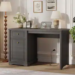 Bestier - Executive Computer Desk with Built in Power Outlet Soft Close File Cabinet Utility Drawer Thickened Wood - Charcoal stained Ash