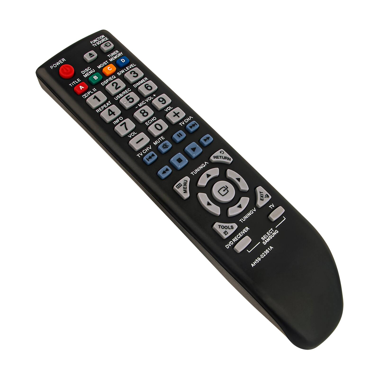 FUNCTION G MEMORY D POWER MOIST C S/WLEVEL DISC MENU 3 OSP/EQ TITLE A 2 DIMMER 6 COPLI 1 USB/REC 5 VOL MICVOL+ MIC 9 REPEAT 4 8 VOL + INFO ECHO TV TVCHA 7 0 VOL " > - MUTE CHV TV |4 RETURN 4 TUNINGA - MENU EXIT 4 TV TUNINGV TOOLS ECT DVDRECEIVER DVD SAMSUNG 1A AH59-02361A AH59