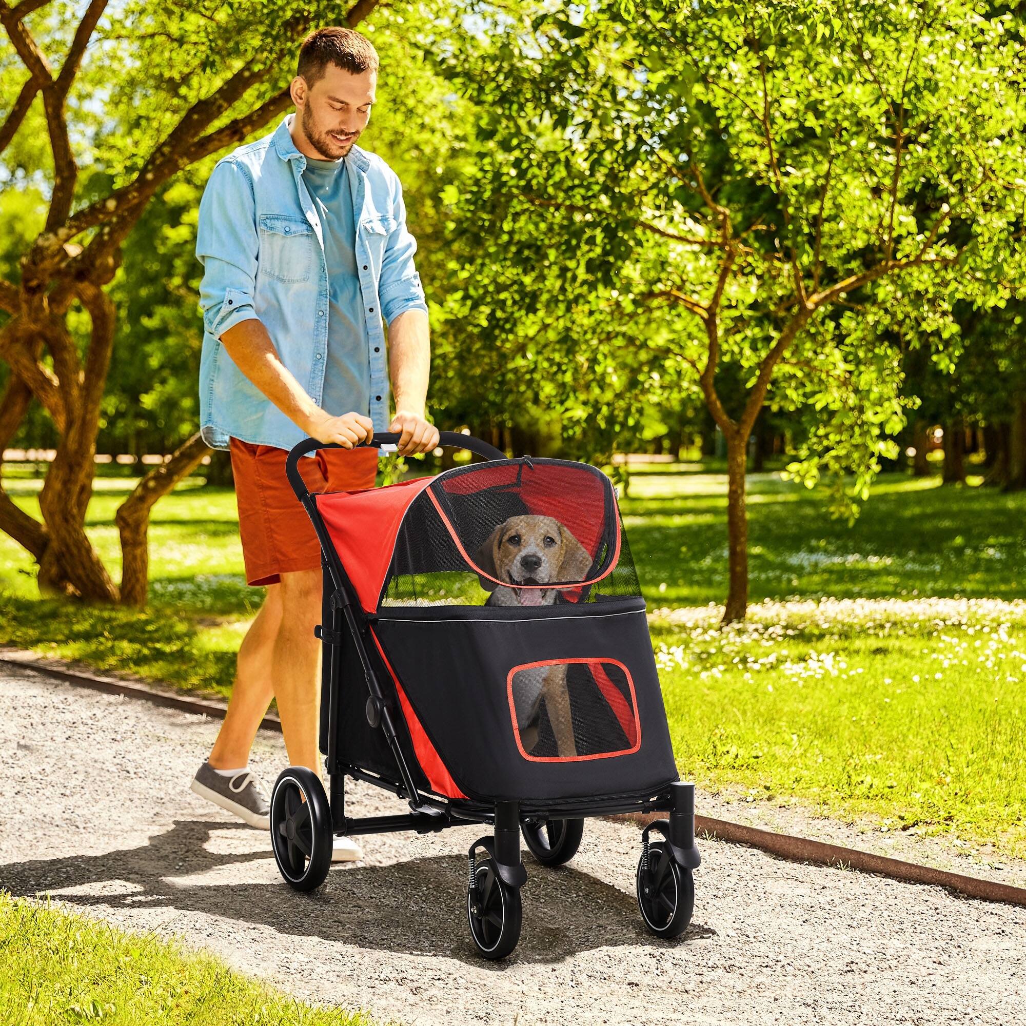 Angle. Pawhut - Dog Stroller, for Dogs up to 66 Lbs, 23.5" Body Length, One-Click Foldable, Storage, Shock Wheels, Mesh, Leash.