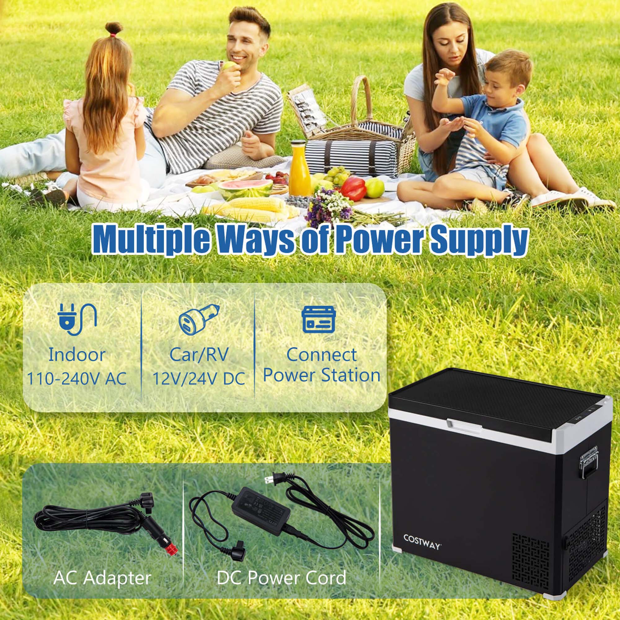 Multiple Ways of Power Supply Indoor 110-240V AC Car/RV Connect 12V/24V DC Power Station AC Adapter DC Power Cord COSTWAY