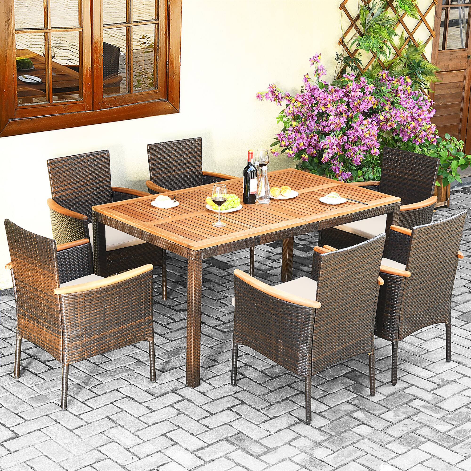 Alt View 3. Costway - 7PCS Patio Rattan Dining Set Armrest Cushioned Chair Wooden Tabletop - Brown.