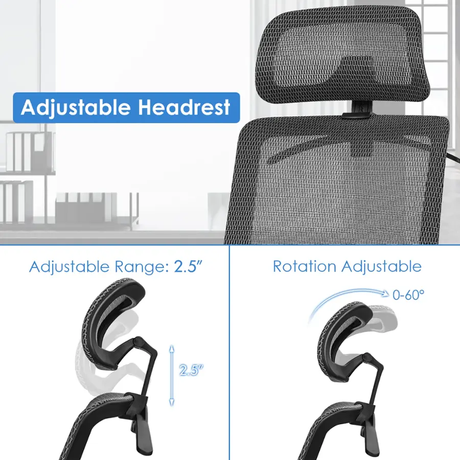 Adjustable Headrest: Adjustable Range: 2.5" Rotation Adjustable: 0-60 2.5"