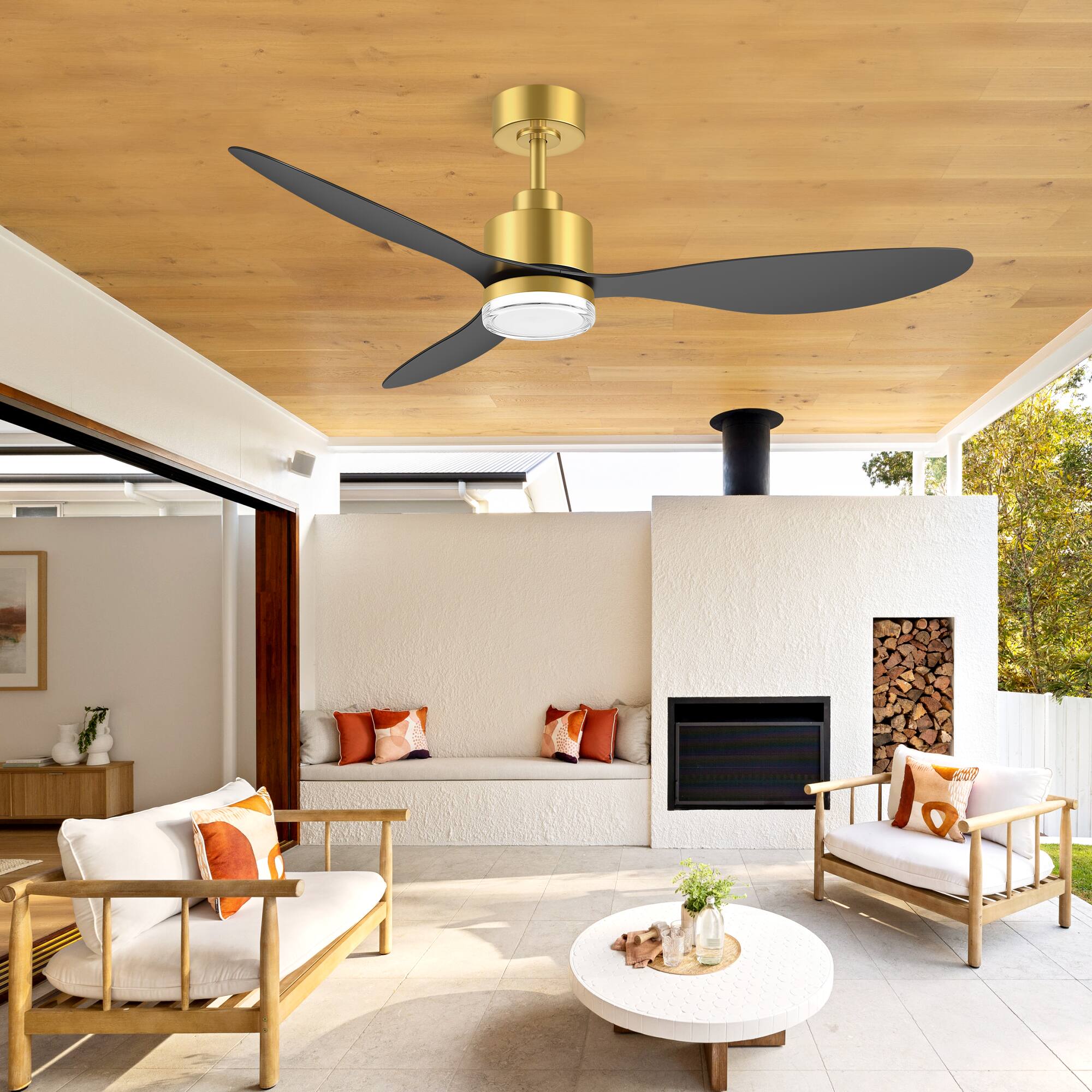 Alt View 1. Breezary - 52-Inch Modern LED Ceiling Fan with Remote, 6'' Downrod, 3 ABS Blades, 6-Speed DC Motor, Reversible & Timer - Black and gold.