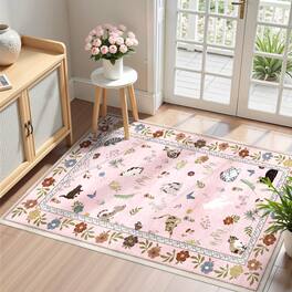 KERDOM - Cute Cat Print 2x3 ft Small Area Rug – Adorable Kitten Floor Mat for Entryway & Bathroom, Non-Slip Washable Accent Rug - Pink