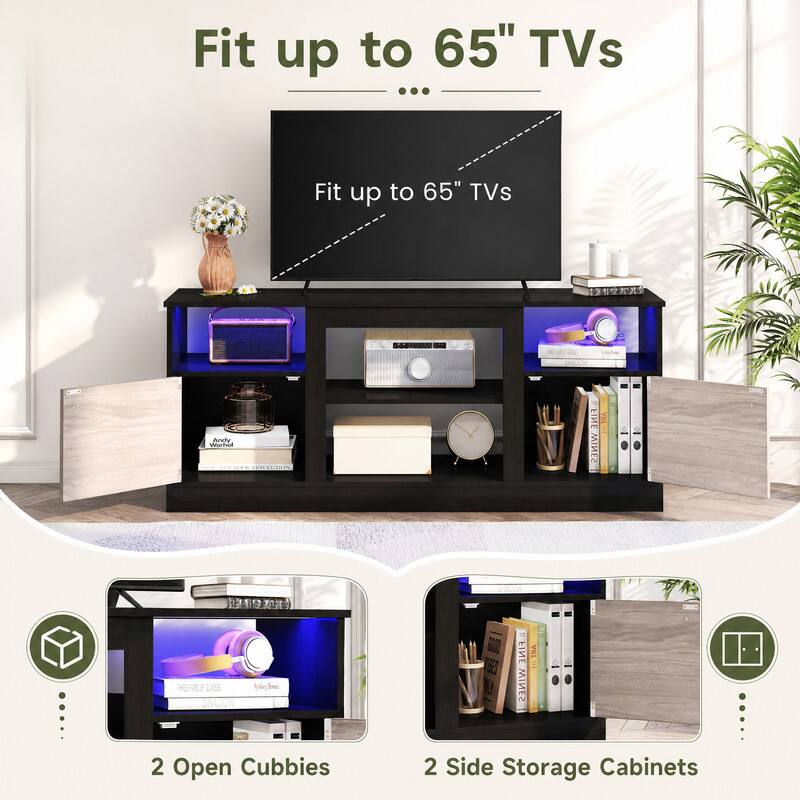 Fit up to 65" TVs

MINI
Andy Warhol
ENE WINES
EMOR
THREE PARS UF BAEES SHADOW
BES
FINE WINES
AKT

2 Open Cubbies
2 Side Storage Cabinets
