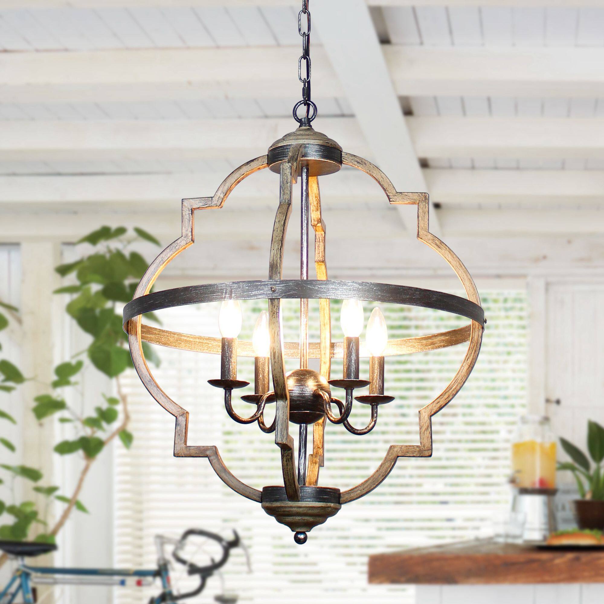 Front. Parrot Uncle - Farmhouse Brown 4-Light Open-Frame Globe Chandelier - Brown.