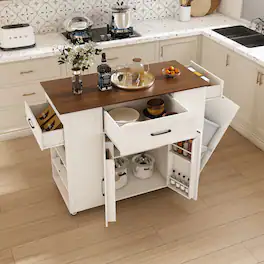 Spaco - 46" Kitchen Island on Casters featuring Storage, AC Outlet, Timber Top, Adjustable Shelf for Dining Room - White+Walnut