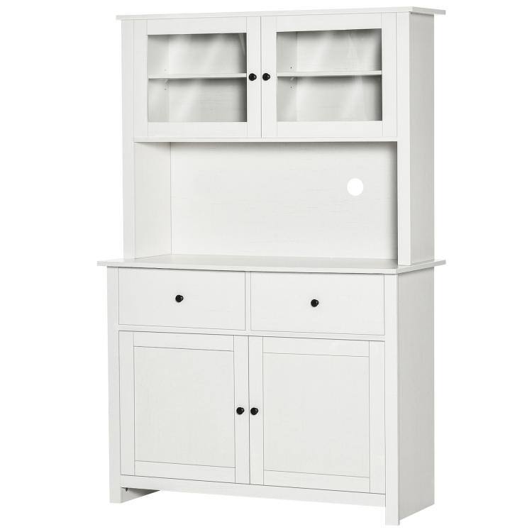 Alt View 9. PULUZ - 63.5 inch Kitchen Buffet with Hutch, Pantry Storage Cabinet with 4 Shelves, Drawers, Framed Glass Doors, Open Microwave - Antique White.