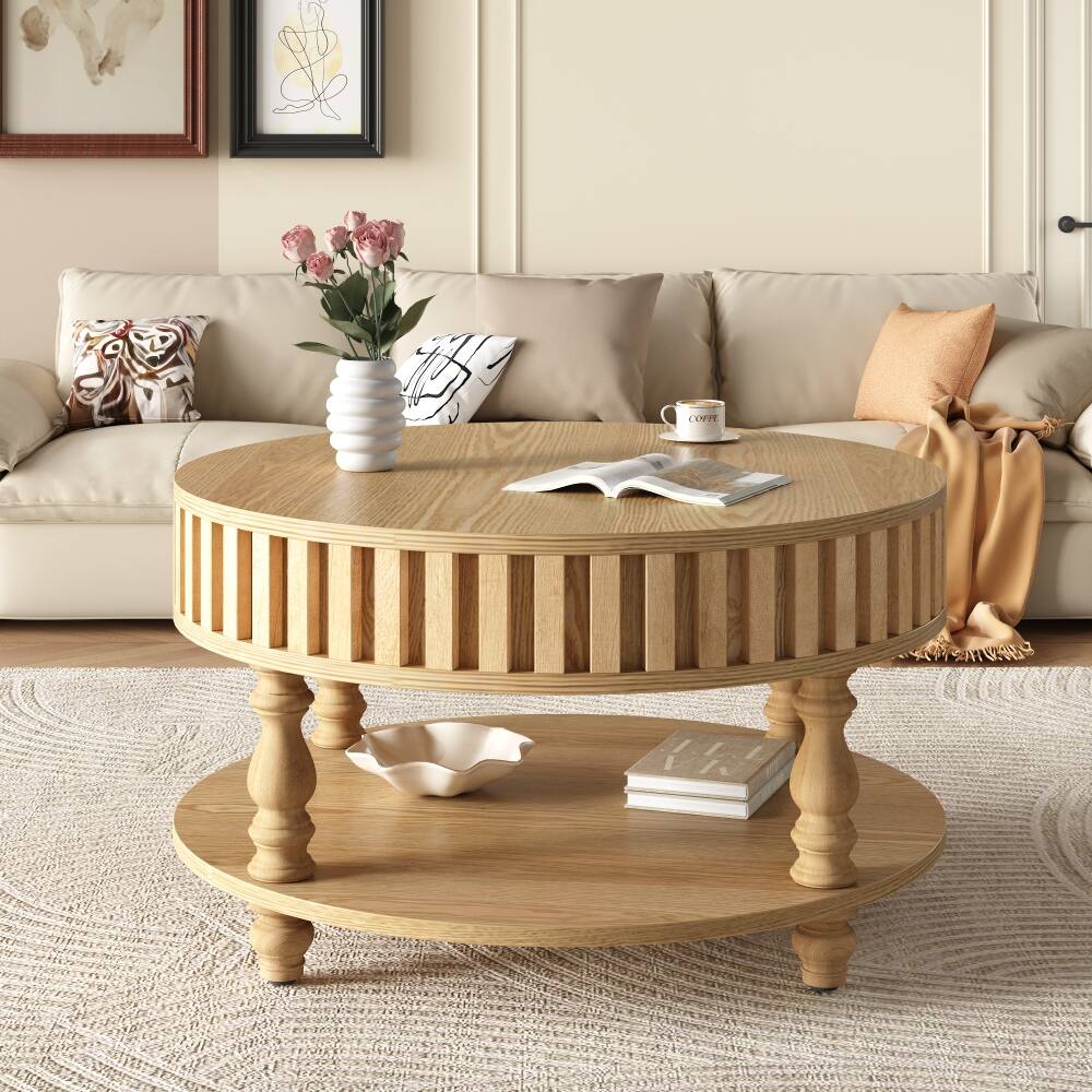 Left. Loheer - Loheer Mid Century Modern Fluted Coffee Table, Round Center Table with Hidden Storage, 31.5 Inch Natural Wood - Natural Wood.