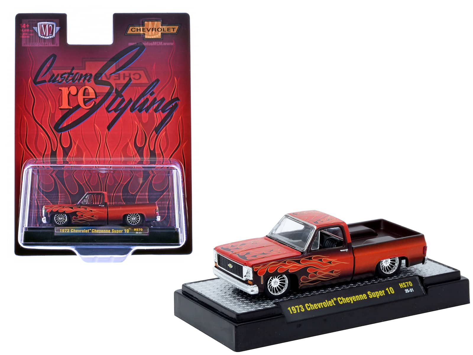 M2 - 1973 Chevrolet Cheyenne Super 10 Pickup Truck Red Flame Graphics "Custom Re-Styling" 1/64 Limited Edition - Red with Flame Graphics