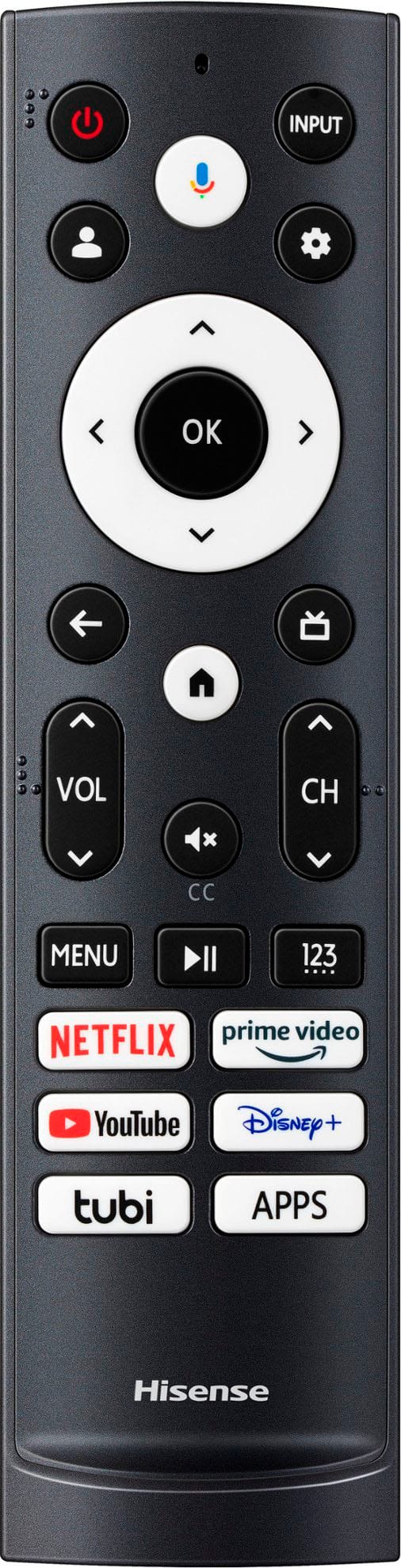 The text on the image is grouped as follows:
1. Input: OK, Vol, CC, Menu, II, 123, Prime Video, Netflix, YouTube, Disney+, Tubi, APPS, Hisense.