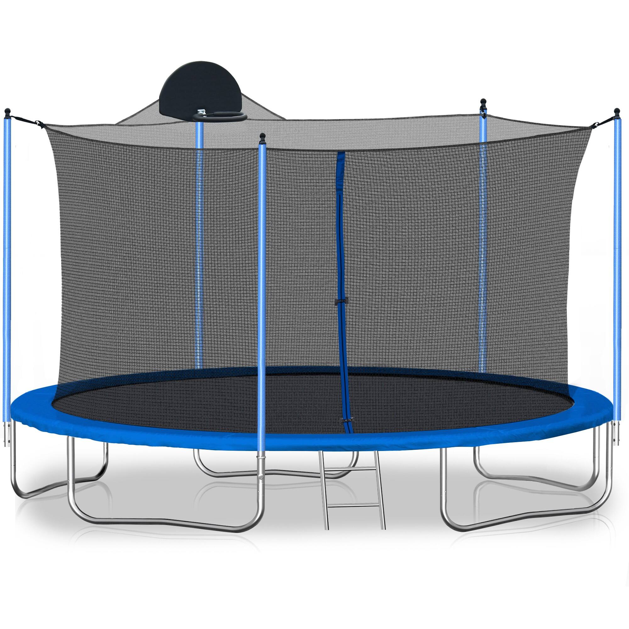 Front. Glintex - 12FT Outdoor Trampoline with Basketball Hoop, Safety Enclosure, Ladder, and Heavy-Duty Galvanized Frame. - Blue.