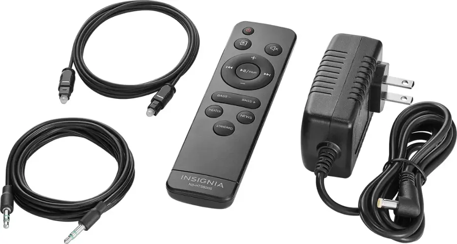 The image features a remote control and its accessories, including a power cord, a USB cable, and a black wire. The remote control is labeled "Insignia NS-HTSB20S."